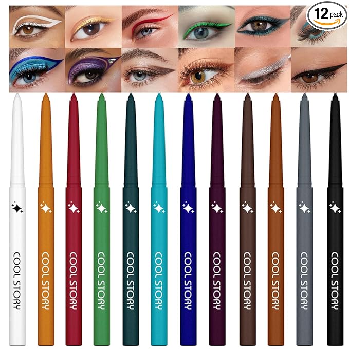 12 Colors Shimmer Eyeliner Pen Set, Waterproof, Long-Lasting, Glitter Eyeliner for Bold Eye Makeup, Metallic Glitter Finish, Eye Liner For Older Women, lapiz de ojos delineador de ojos contra el agua