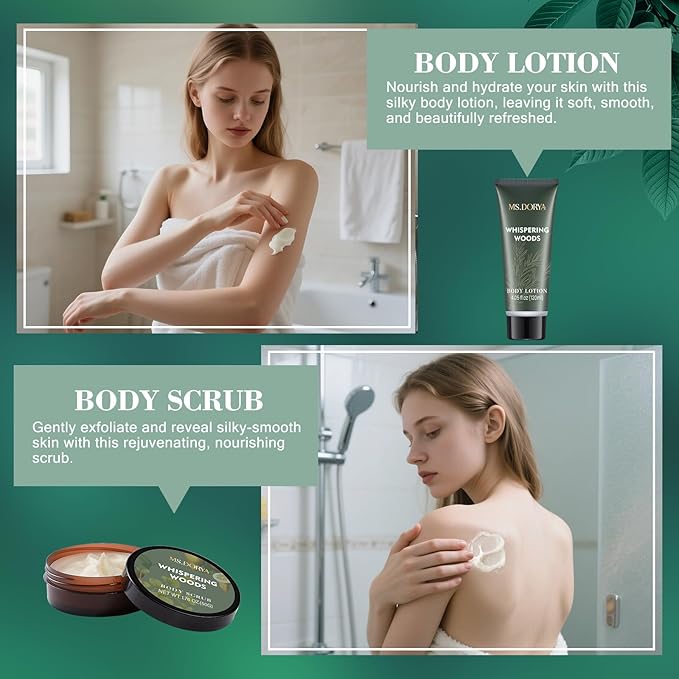 Birthday Spa Gift Set for Her - 6Pcs Bath and Body Kit with Shower Gel, Body Lotion, Bath Salt, Scrub, Massage Stick - Whispering Woods Spa Basket for Women Mom Wife Girlfriend