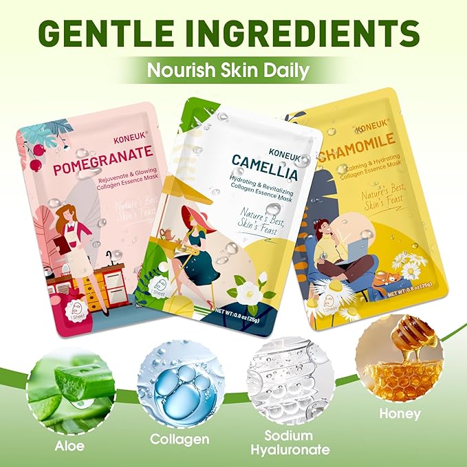 KONEUK 72 Pack Bulk Hydrating Face Masks Skincare, Collagen Sheet Face Mask for Dry, Oily Skin, Spa Gifts for Women Skin Care, Mothers Day Gifts, Nurses Week Gifts, Birthday Gifts (9 Types x 8 Pcs)