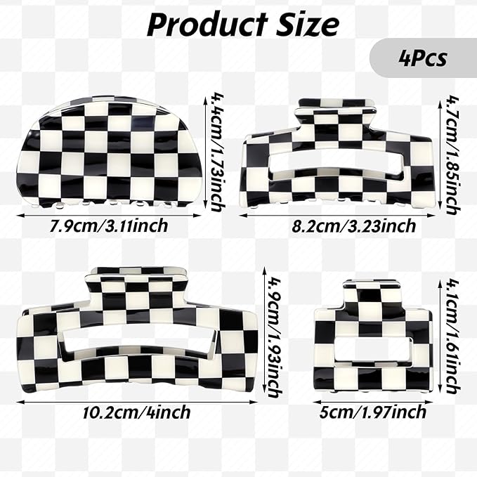 4Pcs Checkered Hair Claw Clips, Non-Slip Hair Jaw Clips for Thick, Thin, Curly, Straight, Long Hair, Simple Style Black and White Square Claw Clips, Women's Hair Accessories