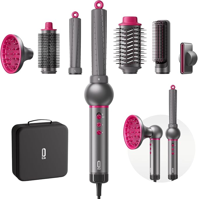 O.H.B 7 in 1 Hair Styler & High Speed Dryer Brush, 110,000RPM Blow Dryer Brush, Ionic Air Styler with Fast Drying, No Heat Damage Air Multi Styler for Volumize, Curl, Straighten, Travel Case, Gray