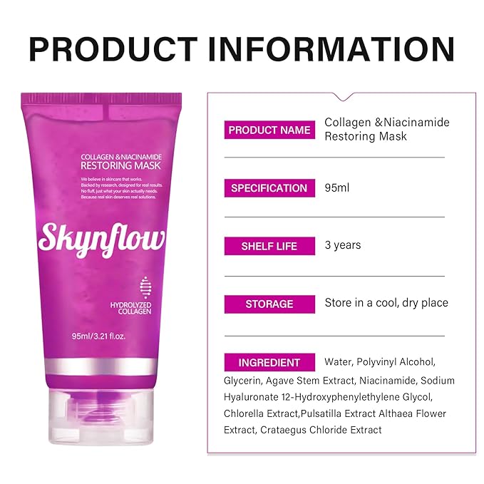 Skynflow Overnight Hydrating Sleep Mask 95ml with Silicone Brush - 3-in-1 Wash Off Gel Mask with Hyaluronic Acid，Hydrolyzed Collagen& Niacinamide - For Deep Moisturize, All Skin Types