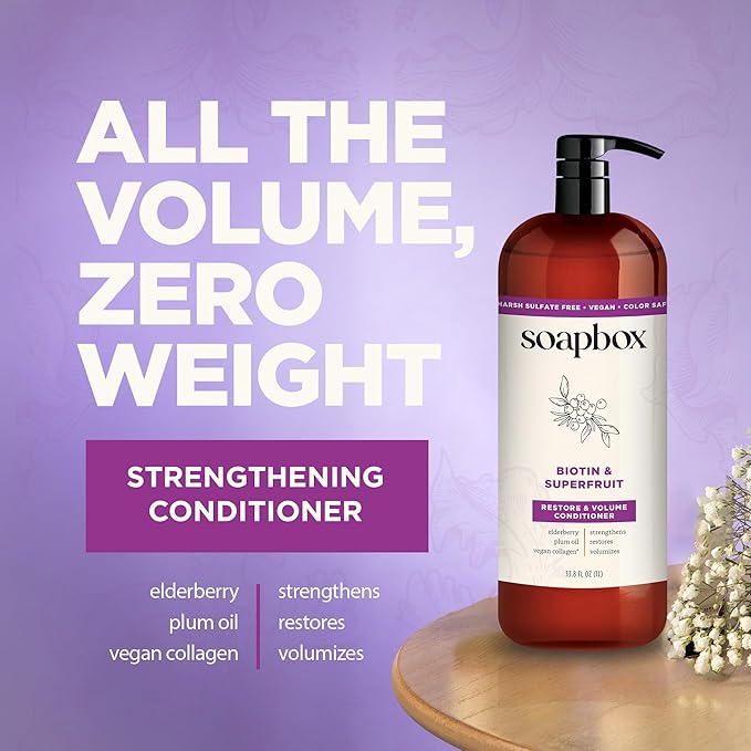 Soapbox Biotin & Super Fruit Conditioner, Leaves Hair Volumized & Strong - Clean Ingredients Free of Harsh Chemicals, Sulfates, Parabens & Silicones - Volumizing Conditioner for Hair, 33.8oz Liter