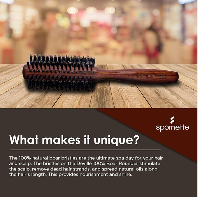 Spornette Deville Boar Bristle Round Brush for Women - Round Hair Brush for Blow Drying, Curling & Styling - Adds Shine, Volume & Lift to All Hair Types (2 Inch)