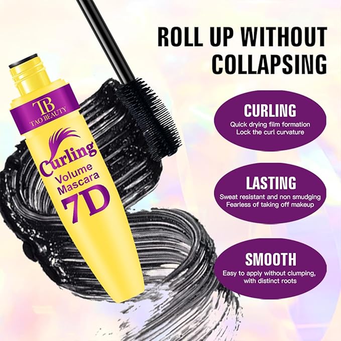 7D Fiber Lashes Waterproof Volumizing Mascara, Lengthening & Waterproof, Smudge-Resistant, Long-Lasting Formula (Black)