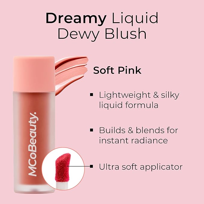 MCoBeauty - Dream Liquid Dewy Blush for Cheeks - Soft Pink Radiant Flush Shade - Fresh Glowing Cheeks - 4.6ml - Vegan, Cruelty Free - Face Makeup, Blush Liquid