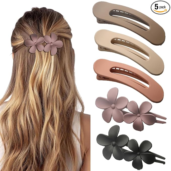 5 Pcs Flat Hair Clips, Medium Lay Flat Claw Clips for Women Girls,2 Styles Strong Hold Non-slip Matte Hair Claws for Thick Thin Hair(Brown&Purple)