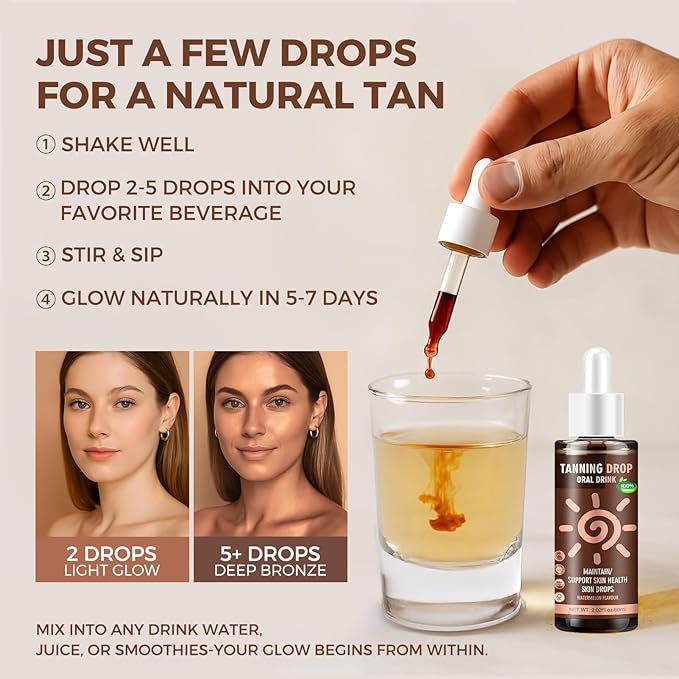 Sunless Tanning Drops To Drink: Oral Dark Self Tanning Drops Gradual Glow for Face & Body, 100% Natural Watermelon Flavor Tanning Supplement for Skin, Hydrating Bronzing Tanner for All Skin (60ml)