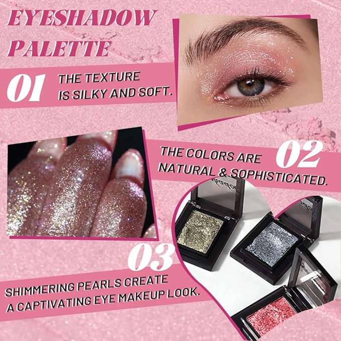 WanTuoluo Sparkly Eyeshadow Palette for Women, Single Monochrome Eye Shadow Makeup, Shiny Pressed Cream Powder, Blendable Natural sombras para ojos, Holographic,Vegan,Travel (01-Glitter-Light Pink)