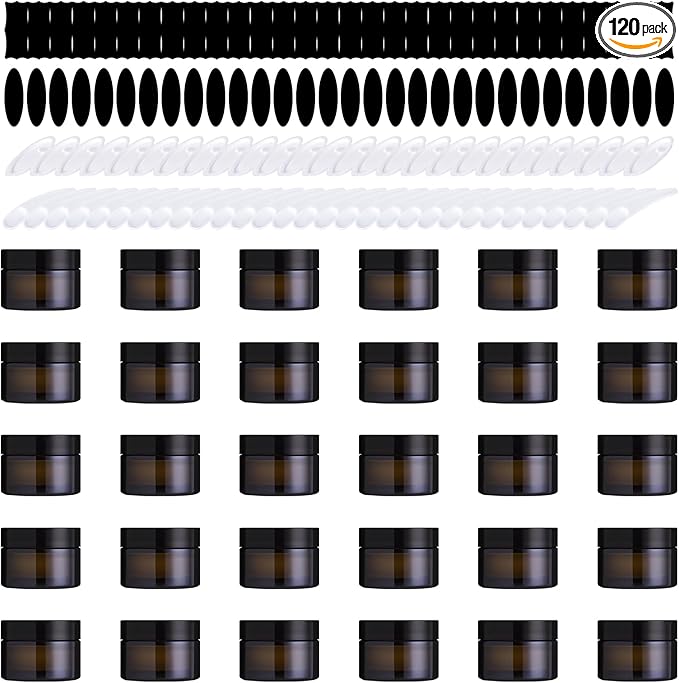 120Pcs 15g Amber Glass Jars Assortment Kit with Inner Liners and Black Lids, Spoons and blank labels for Storing Lip and Body Scrub, Lotion, Body Butter, Bath Salts