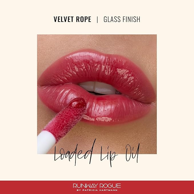 Runway Rogue Loaded Lip Oil, Hydrating and Plumping Glass-Shine Lip Oil with Tri-Peptide Formula, Raspberry Red Shine, ‘Velvet Rope’