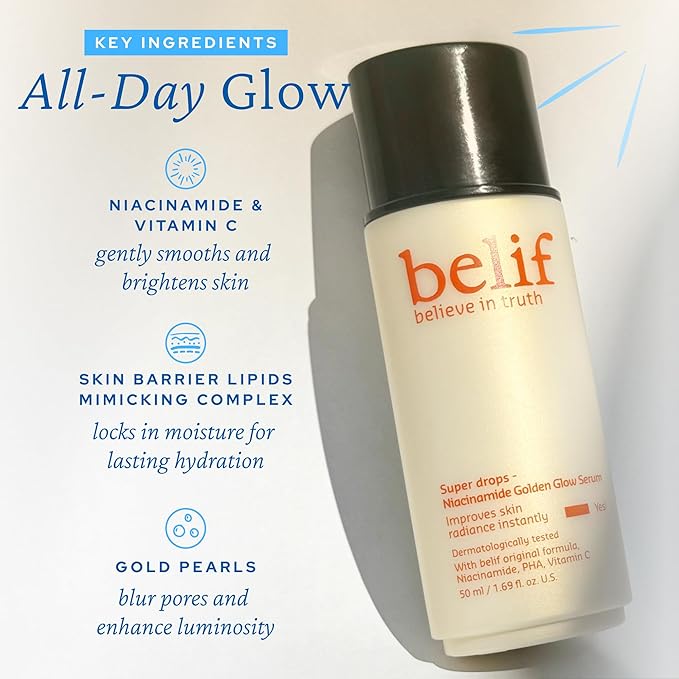 belif Vitamin C Golden Glow Serum for Face & Body – Brightening Luminizer & Hydrating Makeup Primer, Blur Pores & Even Skin Texture with Niacinamide & PHA, Korean Skincare, 1.69 fl.oz