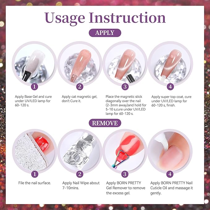 Born Pretty Reflective Glitter Cat Magnetic Eye Gel Nail Polish Chameleon Holorgraphic Glitter Sparkly Shiny Disco DJ LED Magnetic Gel Polish Nail Varnish 6PCS 7ML