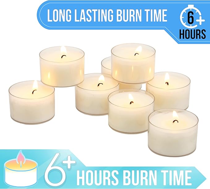 Stonebriar 48 Count White Unscented Smokeless Long Burning Clear Cup Tea Light Candles with 6 to 7 Hour Burn Time