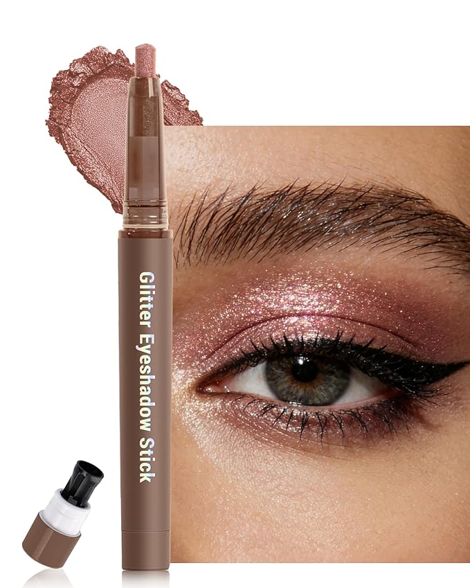 Brown Glitter Eyeshadow & Eyeliner Stick 2 in 1, Metallic Shimmer Eyeshadow Stick, Twist-Up Built in a Sharpener Brown Eyeliner Pen, Waterproof Creamy Eye liner Makeup for Women Halloween-06 Bronze