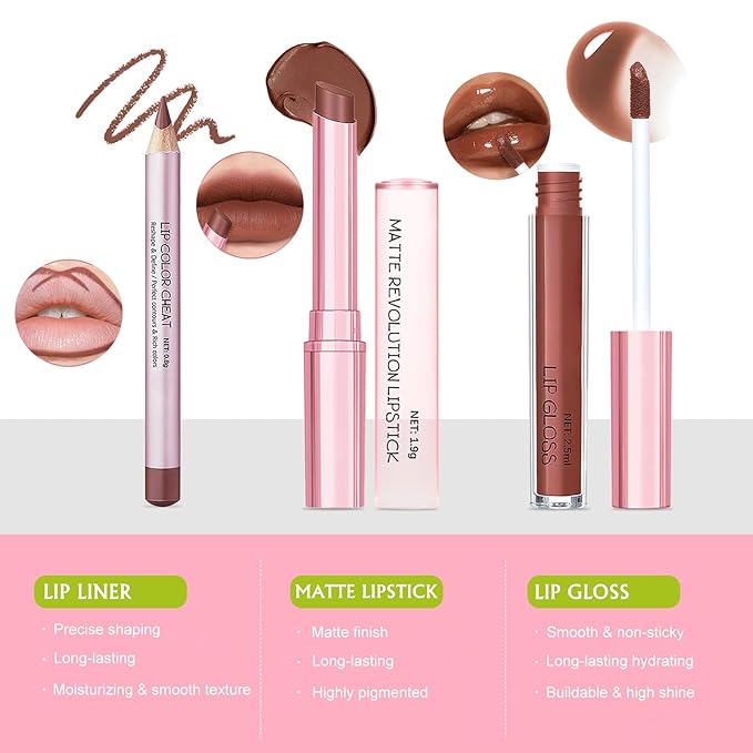 Nude Brown Lip Liner and Lipstick Lip Gloss Set, Hydrating Lip Kit Smooth Buildable Matte Lipstick High Pigment Plumping Lip Liner and Gloss, Long Lasting Lip Contour for Women Daily Makeup