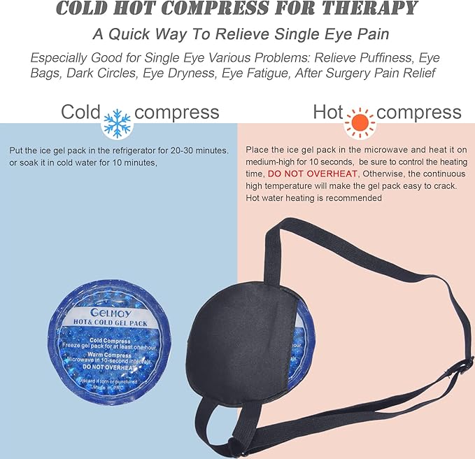 Cooling Eye Patches for Puffy Eyes, Pure Silk Ice Eye Patch, Single Eye Mask, Medical One Eye Cover Cold Hot Therapy Strabismus Lazy Eyes After Surgery Adult Kid Pirate Eyepatch (2 Black New)