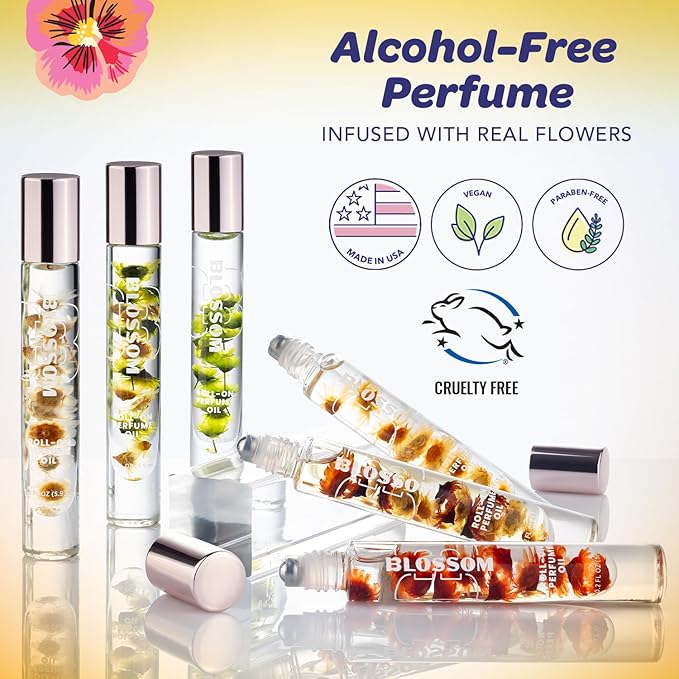 Blossom Roll on Perfume for Women Alcohol Free Gourmand Rollerball Perfume Oil with Essential Oils, Infused with Real Flowers, Made in USA, 0.20oz, (Pumpkin, Vanilla, Cinnamon) Pumpkin Spice Latte