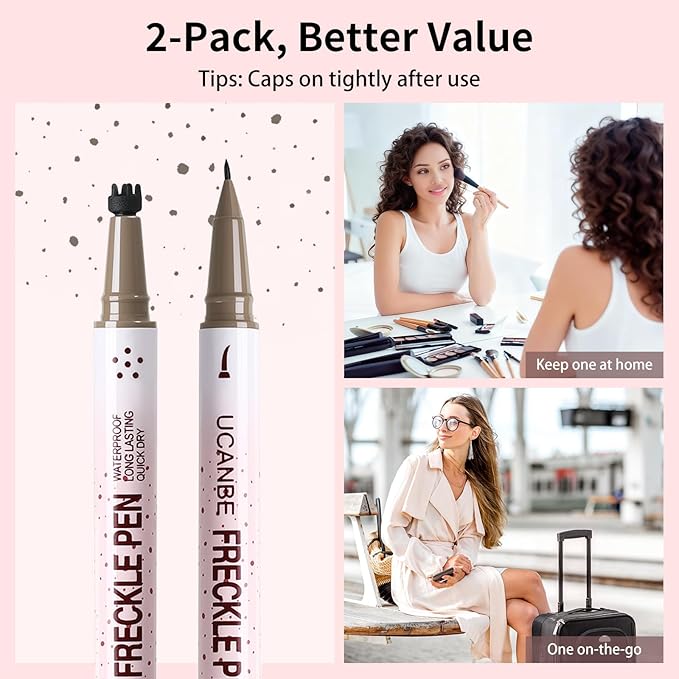 UCANBE 2PCS Dual-Ended Freckle Pen & Freckle Stamp - Precise 15° Curved Tip Makeup Waterproof & Smudge Proof, Long Lasting Faux Freckles Pencils (04 Dark Brown)