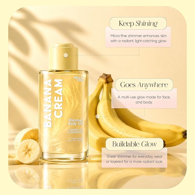 Hello You Jojoba Oil & Ceramides Shimmer Body Oil – Dermatologist Tested, Anti Aging Korean Skin Care – Radiant Glow, Lightweight Hydration, Silky Finish – Vegan, Clean Beauty – Banana Scent, 3.38 Oz