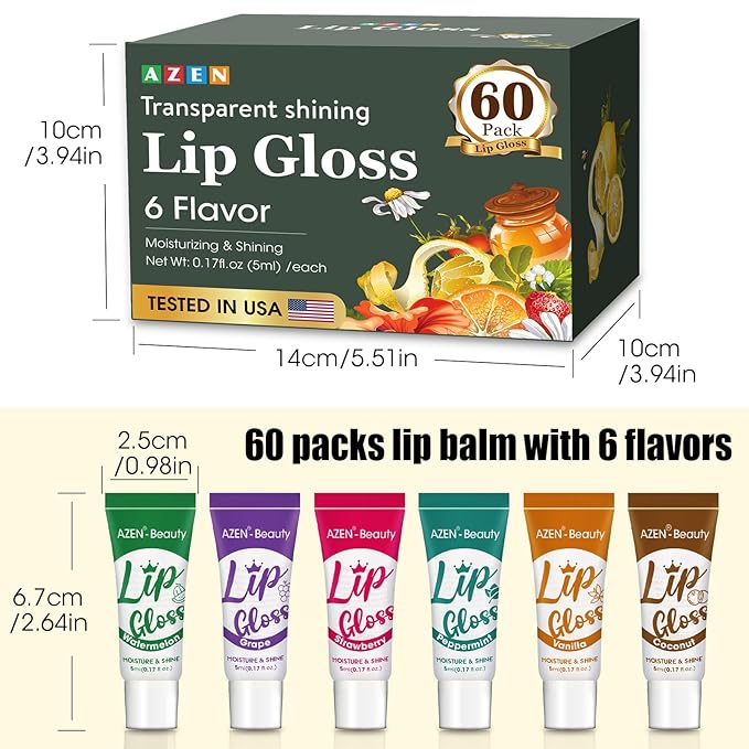 AZEN 60 Pack Lip Gloss Set, Clear Lip Gloss Bulk, Lip Oil for Dry Cracked Lips Moisturizing Hydrating Nourishing with Vitamin E, Mothers Day Gifts for Women