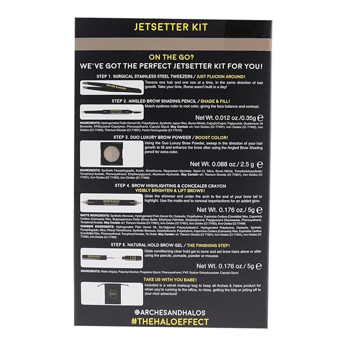 Arches & Halos Jetsetter Kit - Travel Size Kit for Flawless Brow Shaping and Grooming On the Go - Includes Five Essential Eyebrow Care Tools - Professional Grade Formulas and Design - Light - 1 pc