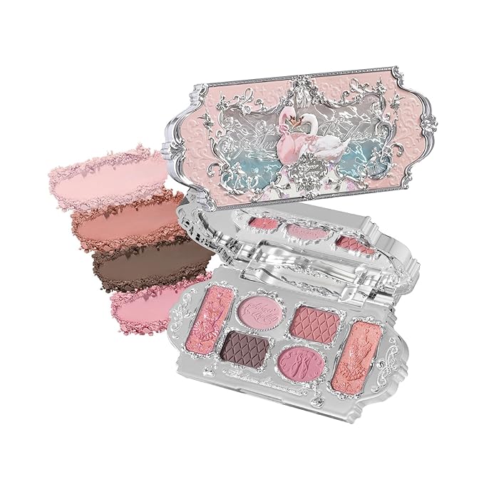 Flower Knows Swan Ballet Six-Color Makeup Palette,Soft Pink Face Makeup Palette with 4 Matte + 2 Shimmer Shades,Blendable Smooth Cute Make Up,0.23 Oz(03 Pink Swan)