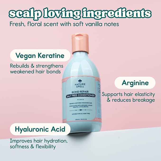 Nature Spell Bond Repair Conditioner, Sulfate & Paraben Free, Repairs & Nourishes Weak Strands with Vegan Keratin & Hyaluronic Acid, Color Safe, For All Hair Types, Vegan, 10.14 fl oz