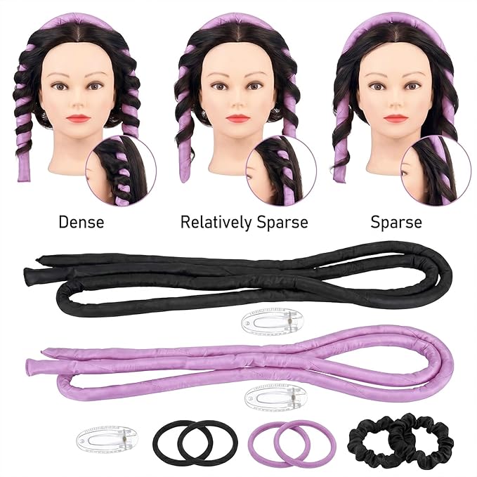 2 Sets Small Heatless Curling Rod, 160 CM Long Heatless Curlers for Long Hair with 4 hair clips and 4 hair ties, Over Night Heatless Curl Rod for Women and Girls(Black, Purple)