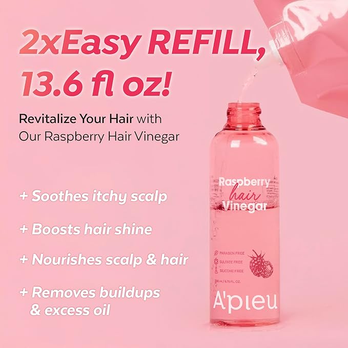 A’PIEU Raspberry Hair Vinegar Rinse [Refill] for Scalp Detox & Clean, Smooth & Shiny Hair, Clarifying Treatment for Dandruff, Buildup, Oily & Itchy Scalp, pH Balancing, Korean Haircare, 6.76 fl oz