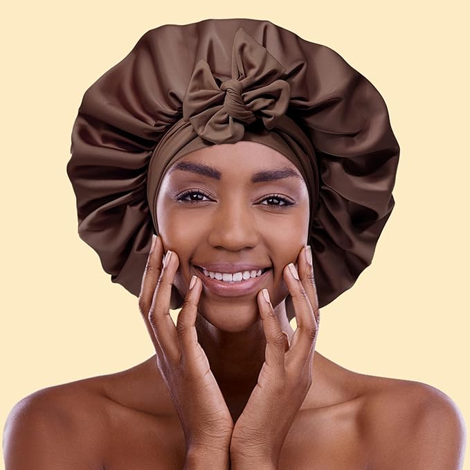 AWAYTR Satin Bonnet for Women, 2-Layer Large Sleep Cap with Adjustable Drawstring, Brown Includes 3 Hair Scrunchies