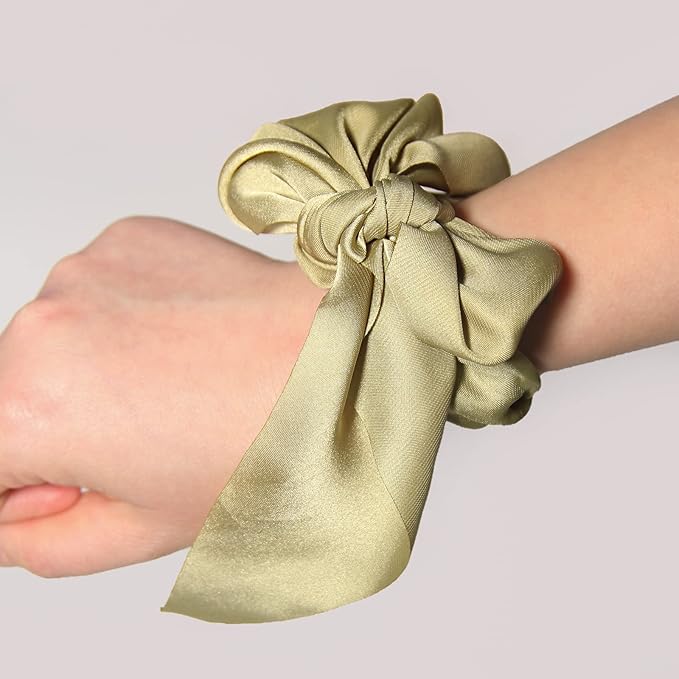 LFOUVRE Pack of 2 Knotted Bow Hair Scrunchies, 3 inch Diameter, 11.5 inch Satin Hair Ribbon Scrunchies, Hair Accessories for Women and Girls (Pea green, 2 Count)