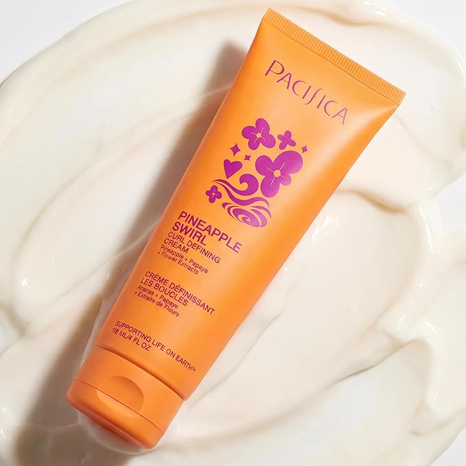 Pacifica Pineapple Swirl Curl Defining Cream – Bounce, Frizz Control & Curl Enhancer Styling Cream for Curly Hair & Wavy Hair – Coconut Oil & Hyaluronic Acid For No-Crunch Hold – Cruelty-Free – 4-oz