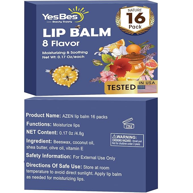 YesBes 16 Pack Lip Balm, Natural Lip Balm Bulk with Vitamin E and Coconut Oil, Moisturizing Lip Balms for Dry Cracked Lips, Lip Balms for Mothers Day Gifts Stocking Stuffers - 8 Flavors