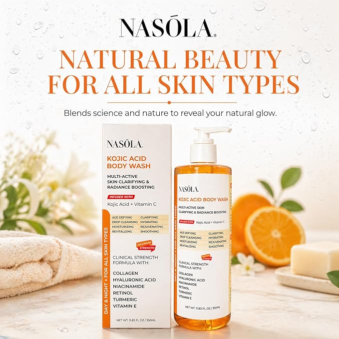 Nasola Kojic Acid Body Wash – Turmeric & Vitamin C Skin Brightening Shower Gel for Deep Gentle Moisturizer – Hydrating Women & Men Body Wash for All Skin Types – 11.8 fl oz