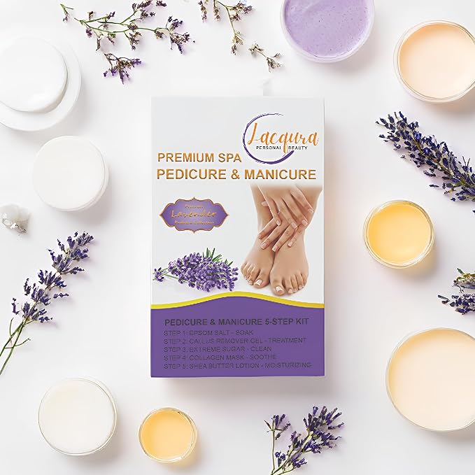 Deluxe Pedicure Kit 5 Step Spa Set – Epsom Salt Soak, Callus Remover Gel, Sugar Scrub, Collagen Mask & Shea Butter Lotion – Professional At Home Foot Care (Lavender, 01 Set)