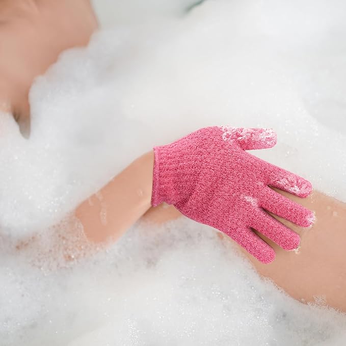 Evridwear Exfoliating Gloves for Shower, 100% Nylon Thick Soft Medium Heavy Bathing Gloves Dead Skin Remover Body Scrubber Smooth Skin with Hang Loop (Hot Pink Deep Exfoliation- 3 Pairs)