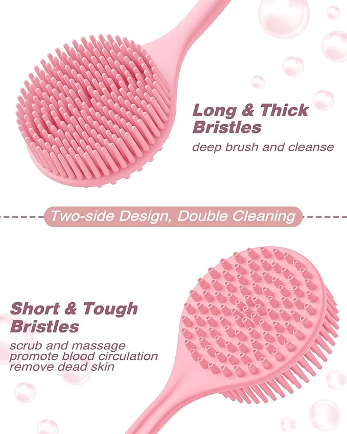 Manmihealth Rabbit-Shaped Silicone Foot Brush Mat for Shower with Non-Slip Suction Cups, Silicone Back Scrubber with Long-Handle, Shower Face Body Scrubber, Scalp Massager, Bath Sponge Net Set (Pink)