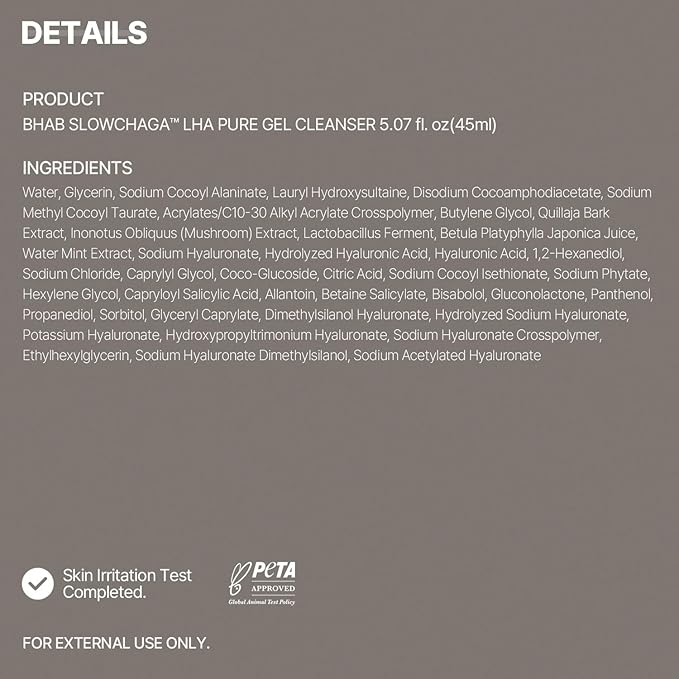 BHAB Slowchaga pH 5.5, Barrier safe Pure Gel Cleanser – Gentle Acid Cleanser with Hyaluronic Acid, Panthenol & Allantoin for Pore Care, Mild Exfoliation & Hydration, Korean Skincare 5.07 fl oz (150ml)