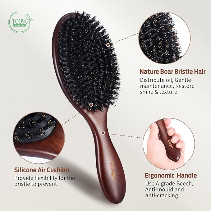 Hair Brush, Boar Bristle Hair Brush for Women Men Kids, Nature Bristles Hairbrush for Thin Fine All Hair Type, Restore Shine And Texture, Set Includes Cleaning Tool