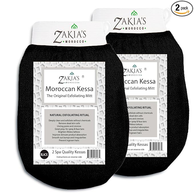 Moroccan Kessa Exfoliating Glove - Value Pack (2 piece) Black- Microdermabrasion exfoliating mitts, Removes unwanted dead skin, dirt and grime and Keratosis Pilaris. Great for spray tan removal.