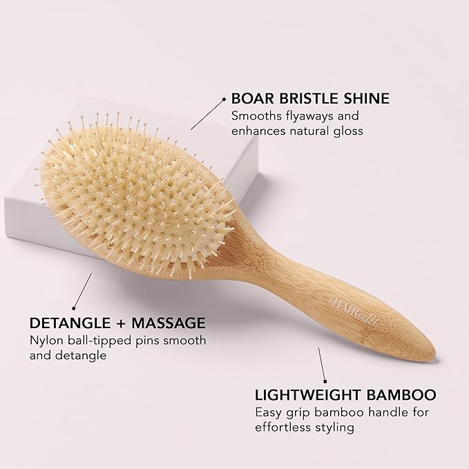 The Hair Edit Glossifier Boar Bristle Bamboo Brush, Hairbrush for Women, Bamboo Finishing Brush for Smooth Shine & Taming Flyaways, Distributes Natural Oils, Lightweight Eco-Friendly, All Hair Types
