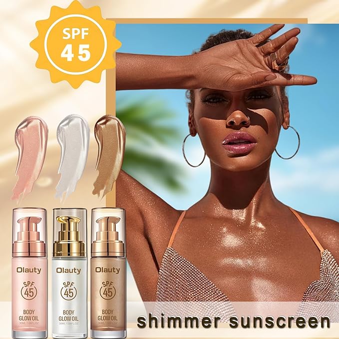 Shimmer Oil, SPF 45 Sunscreen Body Makeup Waterproof No Transfer Body Luminizer Lotion Glow for Women, Liquid Illuminator Bronzer for Body & Face, Long-lasting (Glistening Bronze)