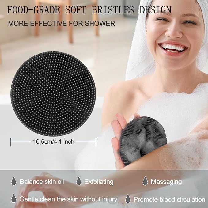 INNERNEED Food-Grade Soft Silicone Body Scrubber Shower Brush Handheld Cleansing Skin Brush, with PP Shower Brush for Exfoliating, Cellulite Treatment