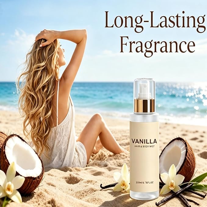 Vanilla Beach Hair & Body Mist,Vanilla Beach Body Perfume Spray For Women,Vanilla & Coconut Long-Lasting Hydrating Body Fragrance Spray (2PCS)
