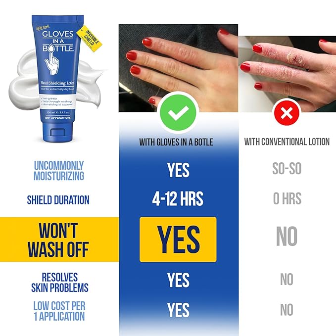Gloves In A Bottle Shielding Lotion Tube 3.38 oz – Travel Size Hand Cream for Dry, Cracked, Irritated Hands – Deep Hydration Lotion for Skin Barrier Repair, Liquid Gloves Protection | 3-Pack