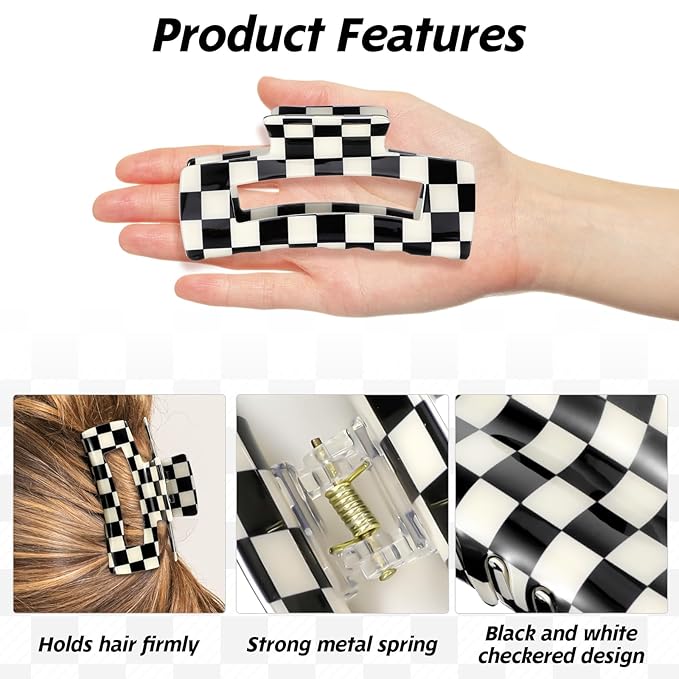 4Pcs Checkered Hair Claw Clips, Non-Slip Hair Jaw Clips for Thick, Thin, Curly, Straight, Long Hair, Simple Style Black and White Square Claw Clips, Women's Hair Accessories