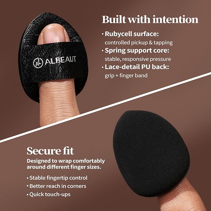 ALBEAUT Mini Cushion Puff, 4PCS Finger-Fit Teardrop Makeup Applicator for Concealer, Cream Blush & Highlighter, Precision Detail Puff for Under Eye & Nose