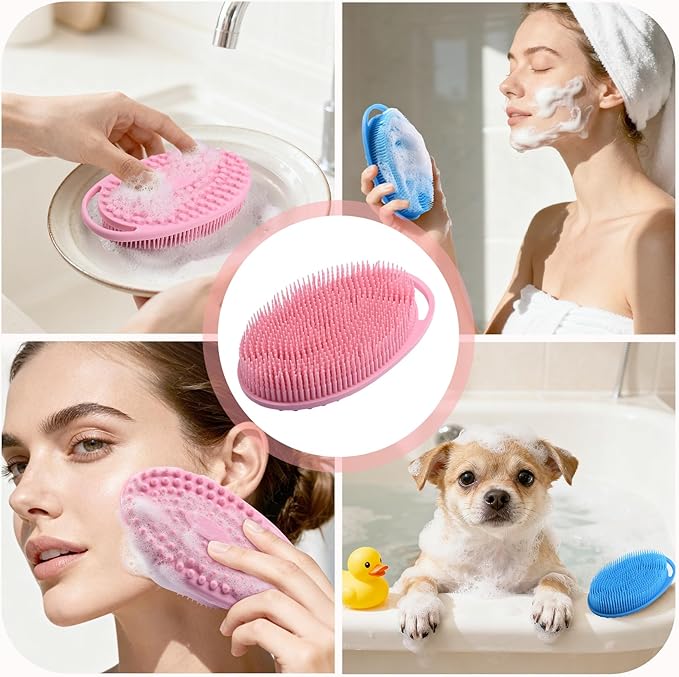 2 Pack Silicone Body Scrubber, Exfoliating Silicone Shower Scrubber for Body, Gentle 2 in 1 Silicone Loofah Alternative for Women Men, Dual-Sided Soft Bath Scrubber for All Skin, Blue+Pink