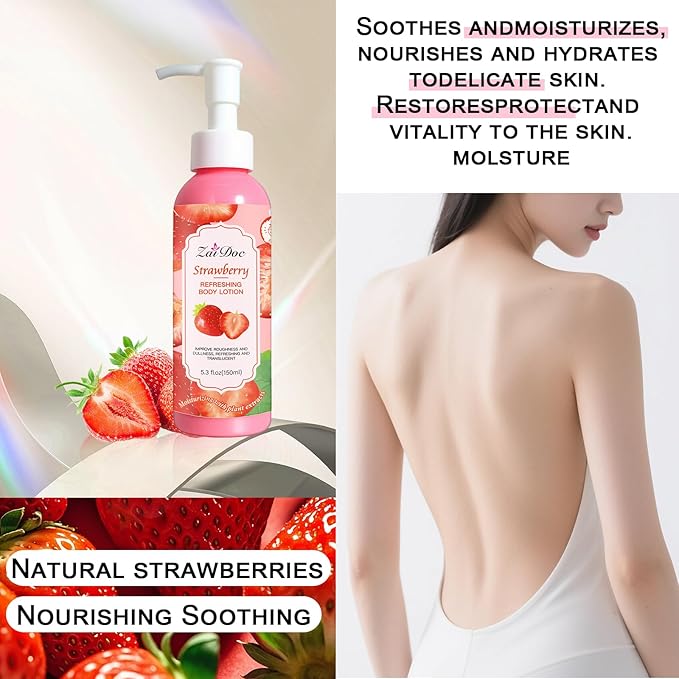 Body Lotion, 24hr Moisturizing & Deep Hydration, Absorbs Instantly Moisturizer for All Skin Types, 5.3 fl oz (1 Pack, Strawberry)